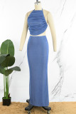 Blue Sexy Casual Solid Bandage Backless O Neck Sleeveless Two Pieces