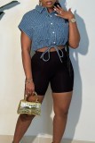 Blue Casual Solid Frenulum Turndown Collar Tops