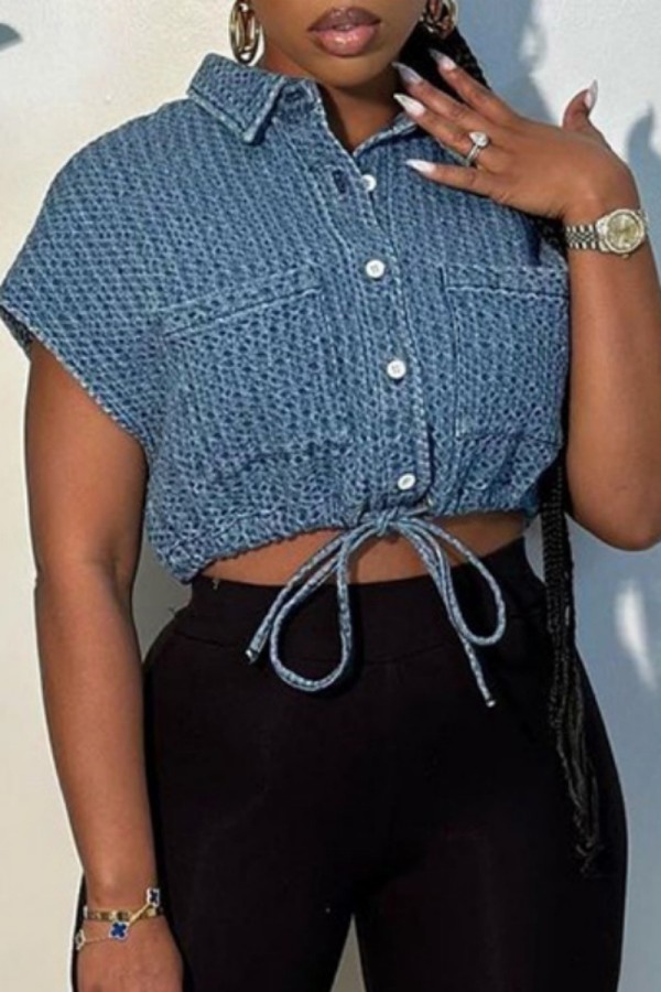 Blue Casual Solid Frenulum Turndown Collar Tops