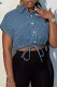 Blue Casual Solid Frenulum Turndown Collar Tops
