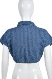Blue Casual Solid Frenulum Turndown Collar Tops