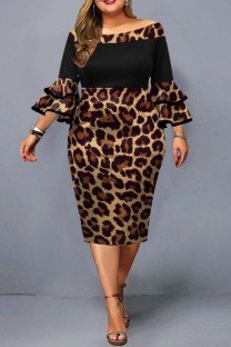 Leopard Print Casual Print Leopard Patchwork Off the Shoulder One Step Skirt Plus Size Dresses