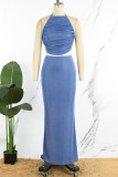 Blue Sexy Casual Solid Bandage Backless O Neck Sleeveless Two Pieces