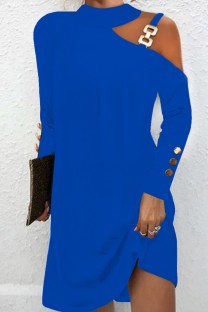 Blue Casual Solid Hollowed Out O Neck Long Sleeve Dresses