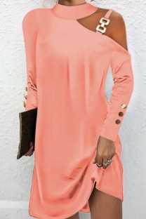 Pink Casual Solid Hollowed Out O Neck Long Sleeve Dresses