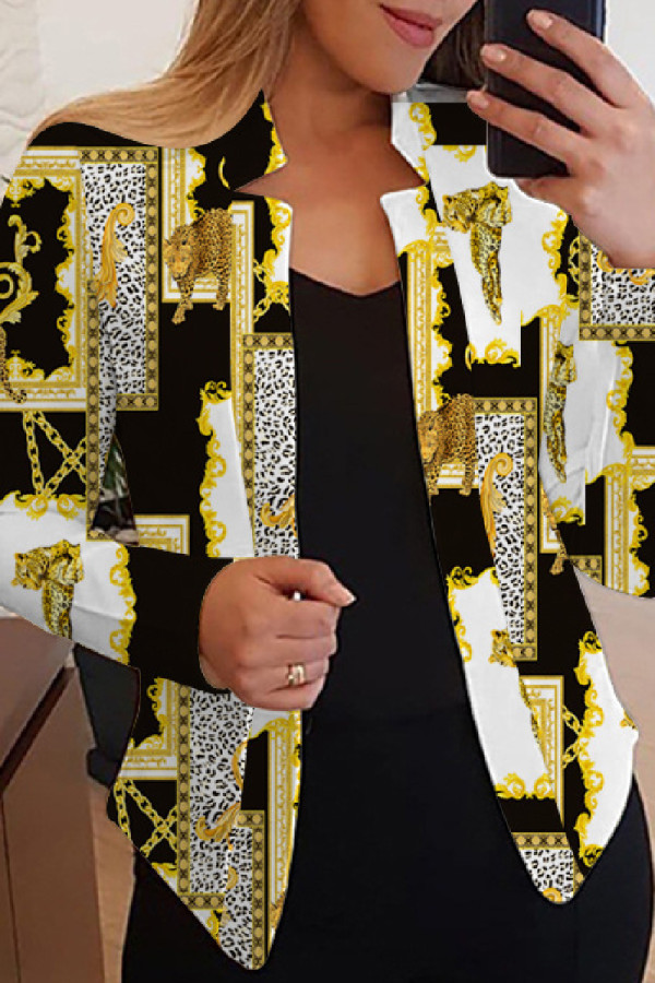 Yellow Black Casual Print Cardigan Outerwear