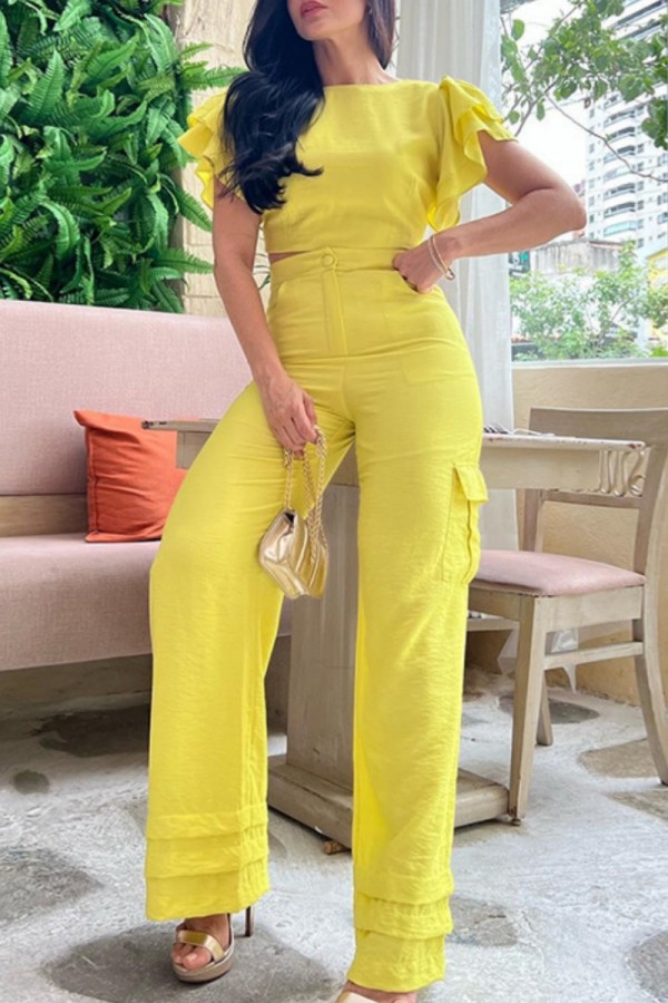 Yellow Casual Solid Patchwork O Neck Short Sleeve Two Pieces