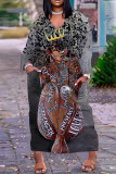 Brown Casual Print Patchwork V Neck Long Sleeve Dresses