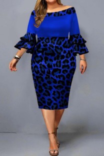 Blue Casual Print Leopard Patchwork Off the Shoulder One Step Skirt Plus Size Dresses