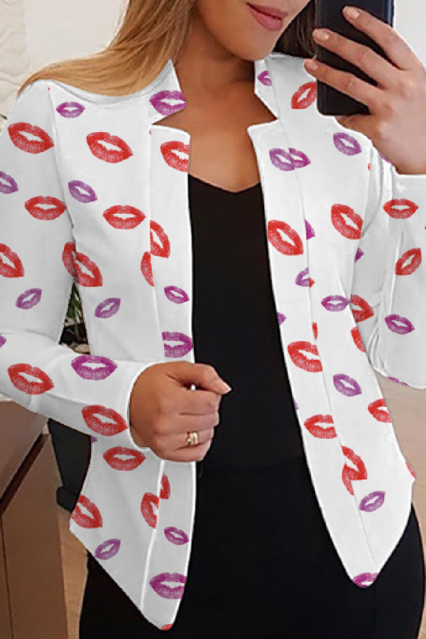 White Red Casual Print Cardigan Outerwear