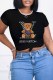 Black Casual Print Letter O Neck T-Shirts
