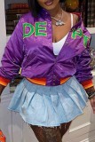 Purple Casual Letter Patchwork O Neck Outerwear