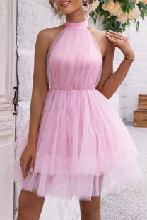 Pink Sexy Casual Solid Bandage Backless Halter Sleeveless Dress Dresses