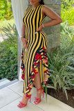 Yellow Casual Sweet Daily Simplicity Mixed Printing Striped Printing Contrast O Neck Dresses