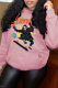 Pink Vintage Print Draw String Hooded Collar Tops