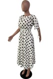 Cream White Casual Dot Print Patchwork O Neck Short Sleeve Dress Dresses