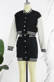 Black Casual Patchwork Contrast O Neck Long Sleeve Two Pieces