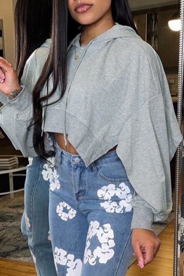 Grey Casual Solid Slit Hooded Collar Tops
