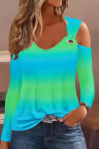 Turquoise Casual Print Basic V Neck Tops