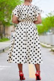 Cream White Casual Dot Print Patchwork O Neck Short Sleeve Dress Dresses