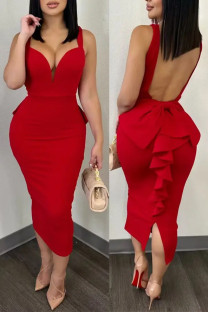 Red Casual Sweet Daily Elegant Backless Solid Color With Bow Spaghetti Strap Dresses