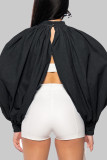 Black Street Solid Patchwork Buttons Backless O Neck Long Sleeve Loose Denim Jacket
