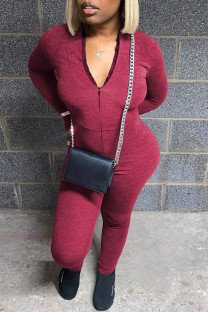 Deep Red Casual Sportswear Solid Patchwork Zipper Collar Skinny Jumpsuits