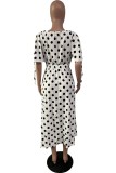 Cream White Casual Dot Print Patchwork O Neck Short Sleeve Dress Dresses