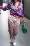 Purple Casual Letter Patchwork O Neck Outerwear