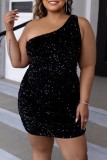 Black Sexy Solid Sequins Patchwork Backless Oblique Collar Sleeveless Plus Size Dress