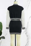 Black Casual Patchwork Contrast O Neck Long Sleeve Two Pieces