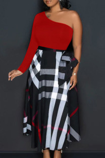 Red Sexy Street Plaid Bandage Patchwork Backless High Opening One Shoulder Printed Dress Dresses