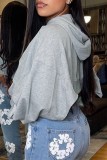 Grey Casual Solid Slit Hooded Collar Tops