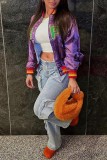 Purple Casual Letter Patchwork O Neck Outerwear