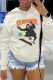 White Vintage Print Draw String Hooded Collar Tops