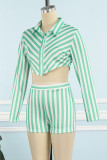 Green Casual Striped Patchwork Buttons Shirt Collar Long Sleeve Two Pieces