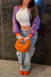 Purple Casual Letter Patchwork O Neck Outerwear