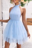 Sky Blue Sexy Casual Solid Bandage Backless Halter Sleeveless Dress Dresses