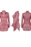 Red Street Solid Turndown Collar Wrapped Skirt Dresses
