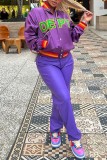 Purple Casual Letter Patchwork O Neck Outerwear