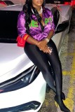 Purple Casual Letter Patchwork O Neck Outerwear