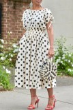 Cream White Casual Dot Print Patchwork O Neck Short Sleeve Dress Dresses