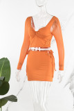 Orange Sexy Casual Solid Patchwork Frenulum Square Collar Long Sleeve Two Pieces