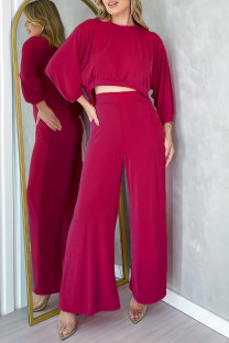 Rose Red Casual Solid Basic O Neck Long Sleeve Two Pieces