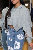 Grey Casual Solid Slit Hooded Collar Tops