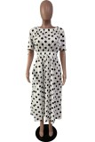Cream White Casual Dot Print Patchwork O Neck Short Sleeve Dress Dresses