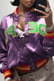 Purple Casual Letter Patchwork O Neck Outerwear