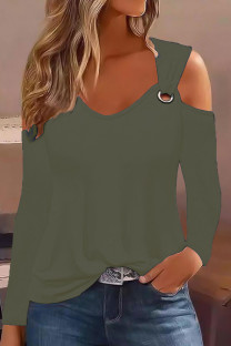 Olive Green Casual Solid Hollowed Out V Neck Tops