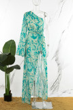 Green Sexy Elegant Print Patchwork Slit One Shoulder Irregular Dress Dresses