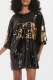 Black Street Letter Sequins Patchwork O Neck Straight Dresses
